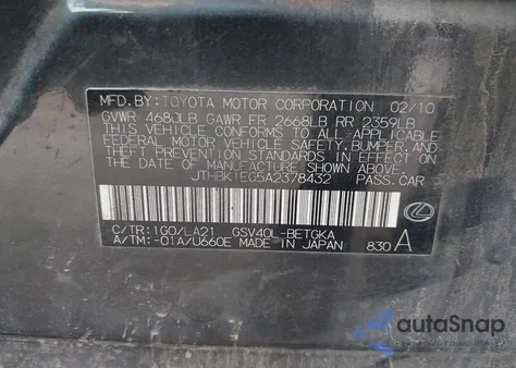 2010 Lexus Es 350 from USA, damaged, VIN JTHBK1EG5A2378432